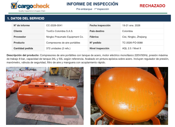 Informe de inspección rechazado — Compresores de aire